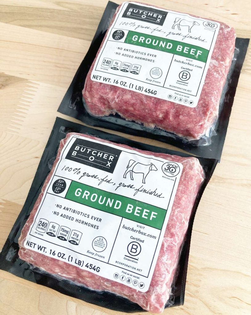 Two packages of Butcher Box ground beef.