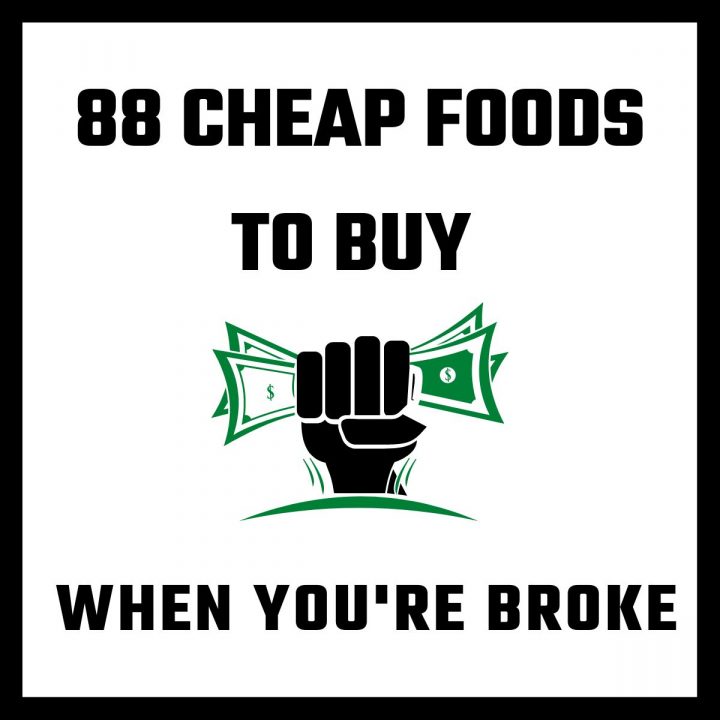 Hand grabing paper money with text that says 88 cheap foods to buy when you're broke.