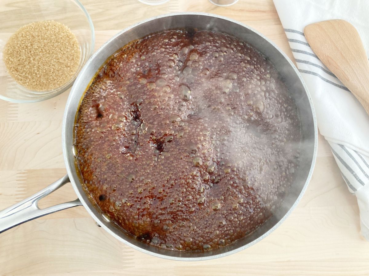 Smoking and foaming dark browning sugar in saucepan