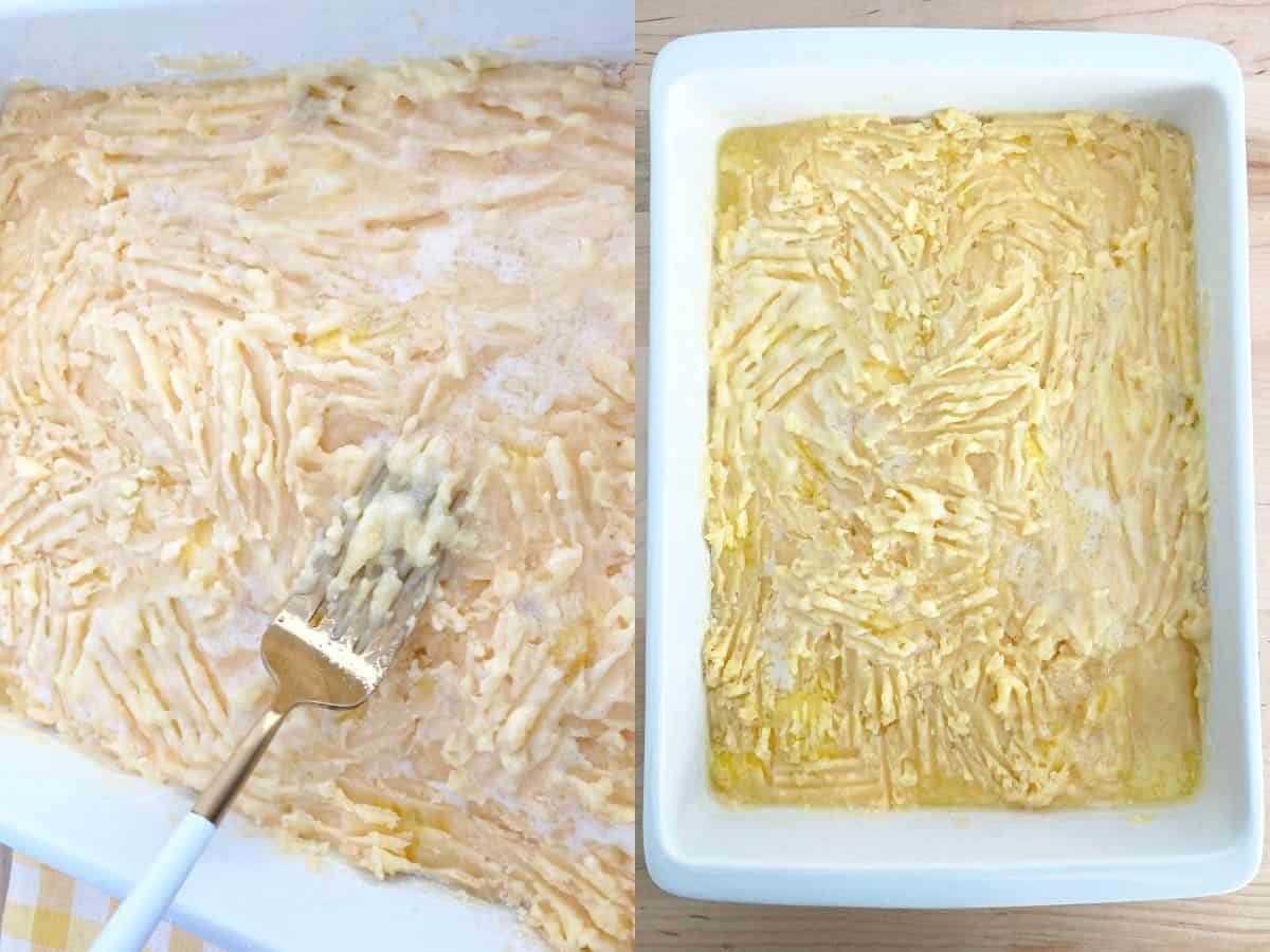 Using a gold fork, mixing in the butter into the cake mix.