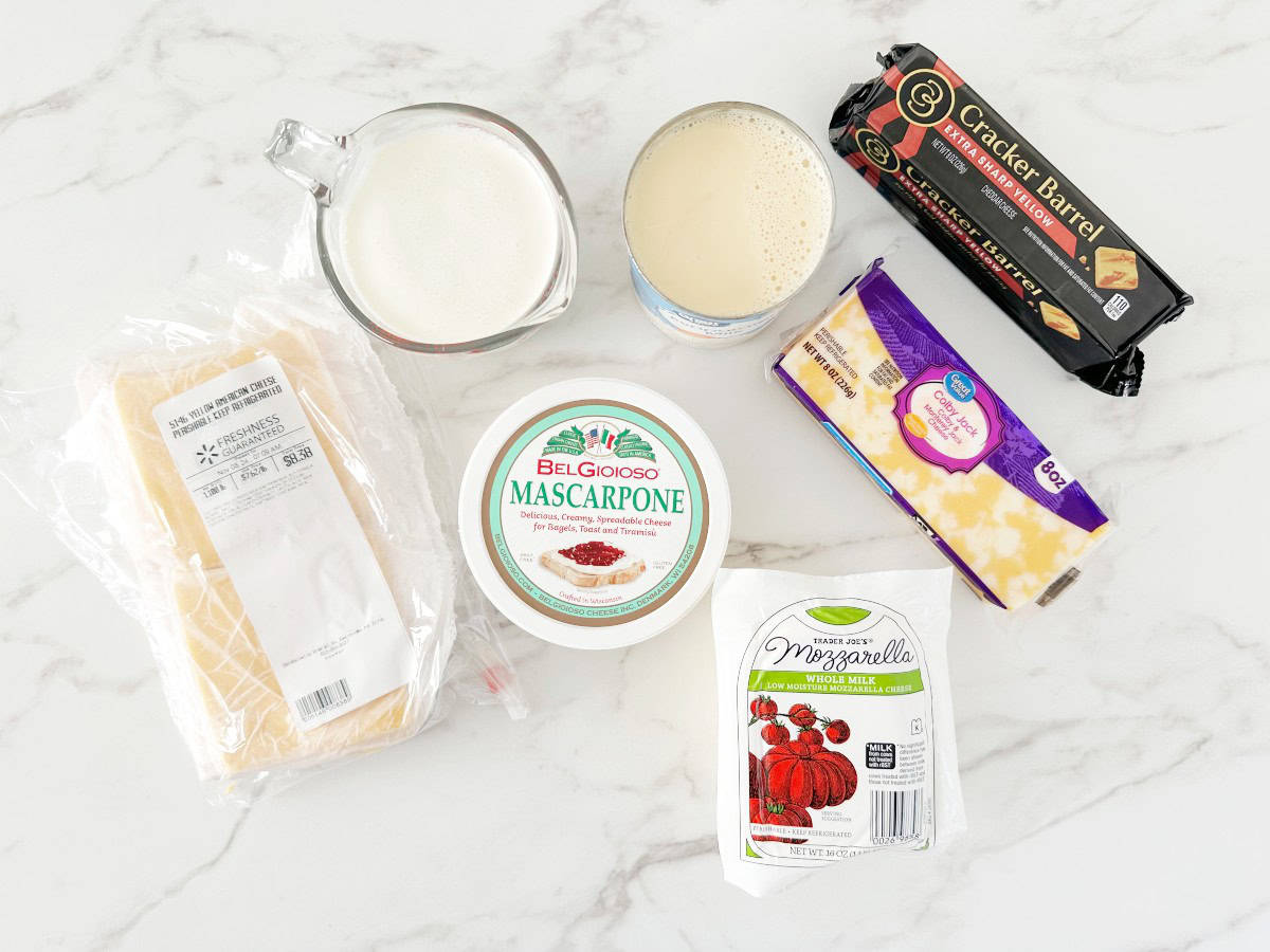 Down view cheese sauce ingredients in their packaging.