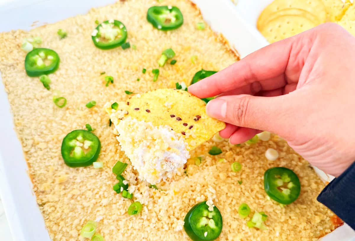 Hand holding a tortilla chip with the jalapeรฑo popper chicken dip.