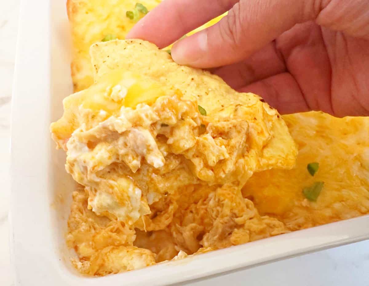 Hand holding a tortilla chip with the layered buffalo chicken dip.