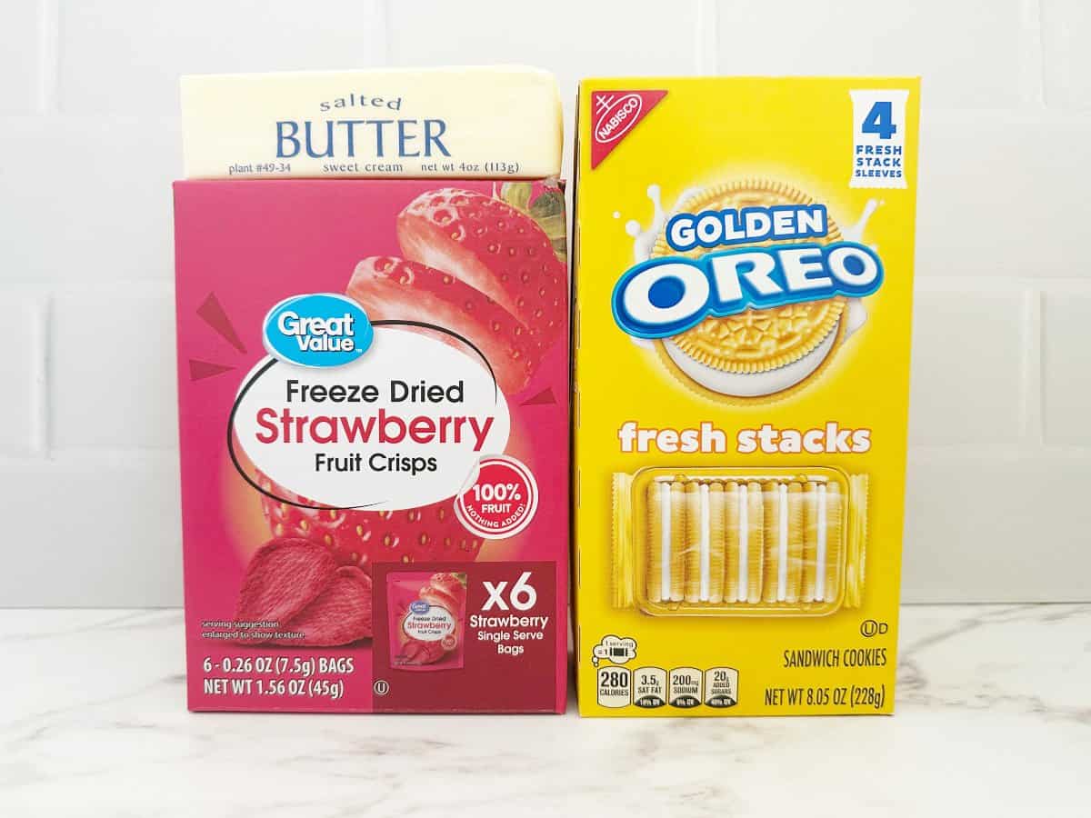 Side view crunch topping ingredients in their packaging.