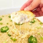 Hand holding a cracker with the jalapeรฑo popper chicken dip. The cheesy is stretching.