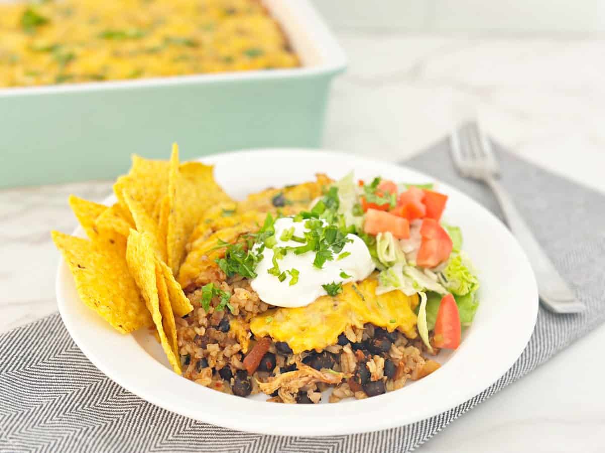 Side view of chicken taco rice bowl with sour cream, cilantro, lettuce, tomato, and yellow corn tortilla chips.