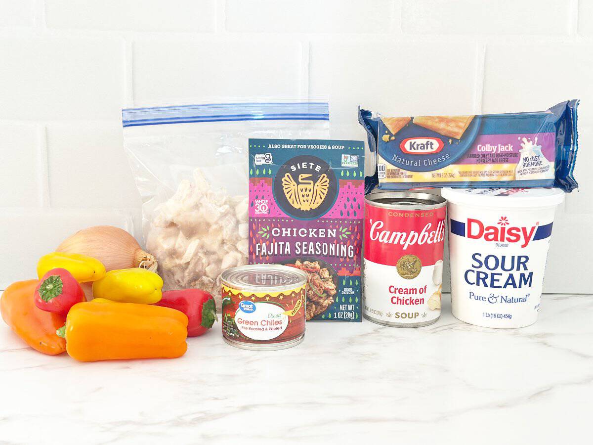 Side view of chicken fajita casserole ingredients in their packaging.
