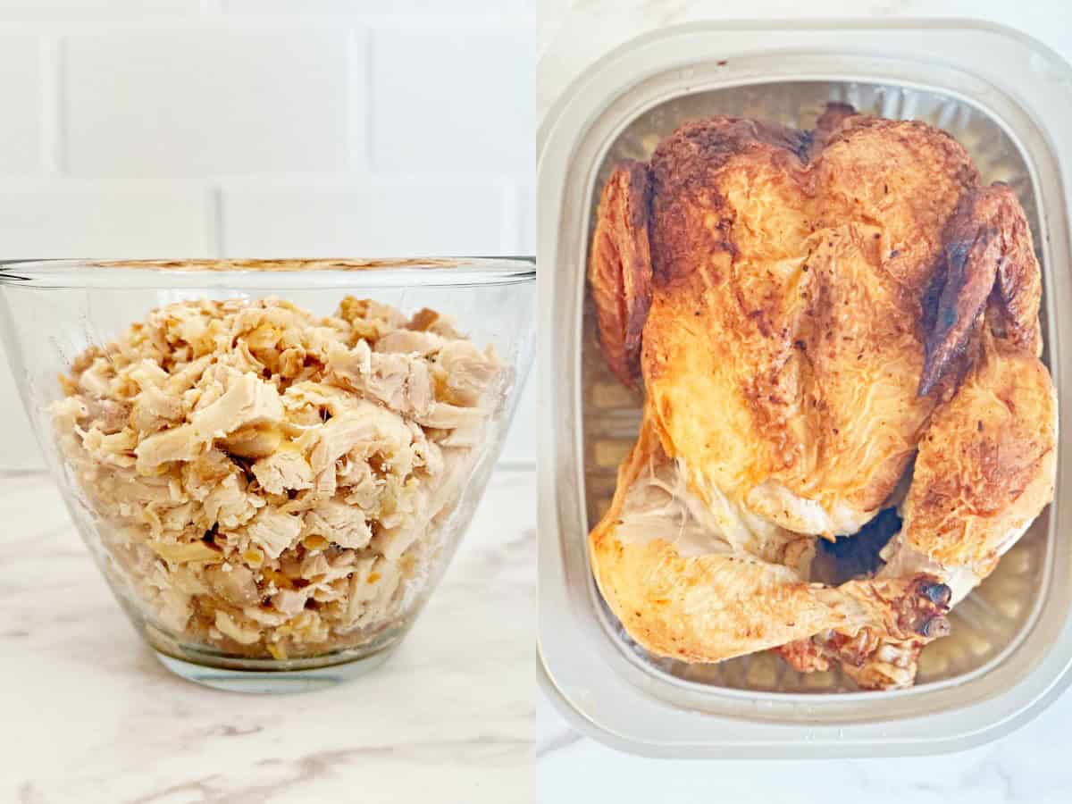Two pictures, the left is a clear white bowl with cubed homemade chicken. The right picture is a whole rotisserie chicken.