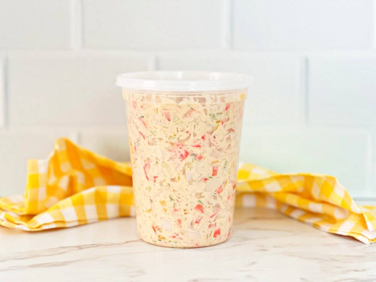 Side view of deli seafood salad in plastic container.