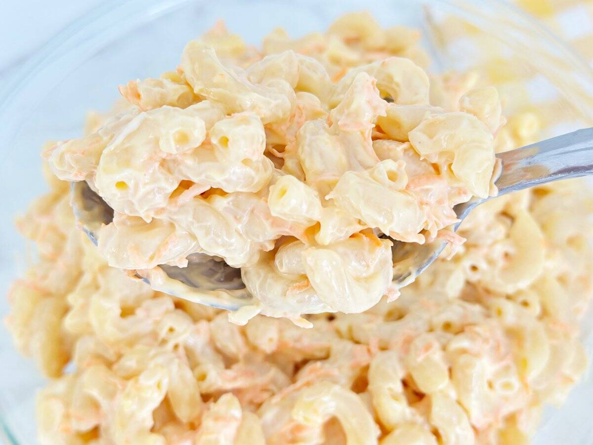 Down view of Hawaiian Mac salad on serving spoon.