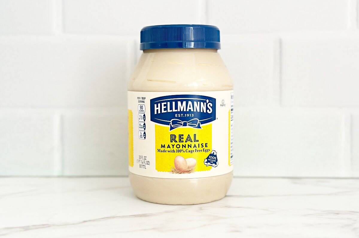 Side view of a bottle of Hellmann's Mayonnaise.