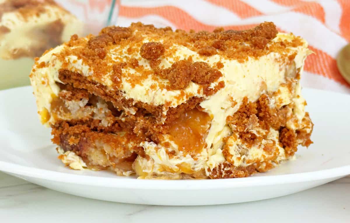 Serving of easy peach cobbler pudding on white plate.