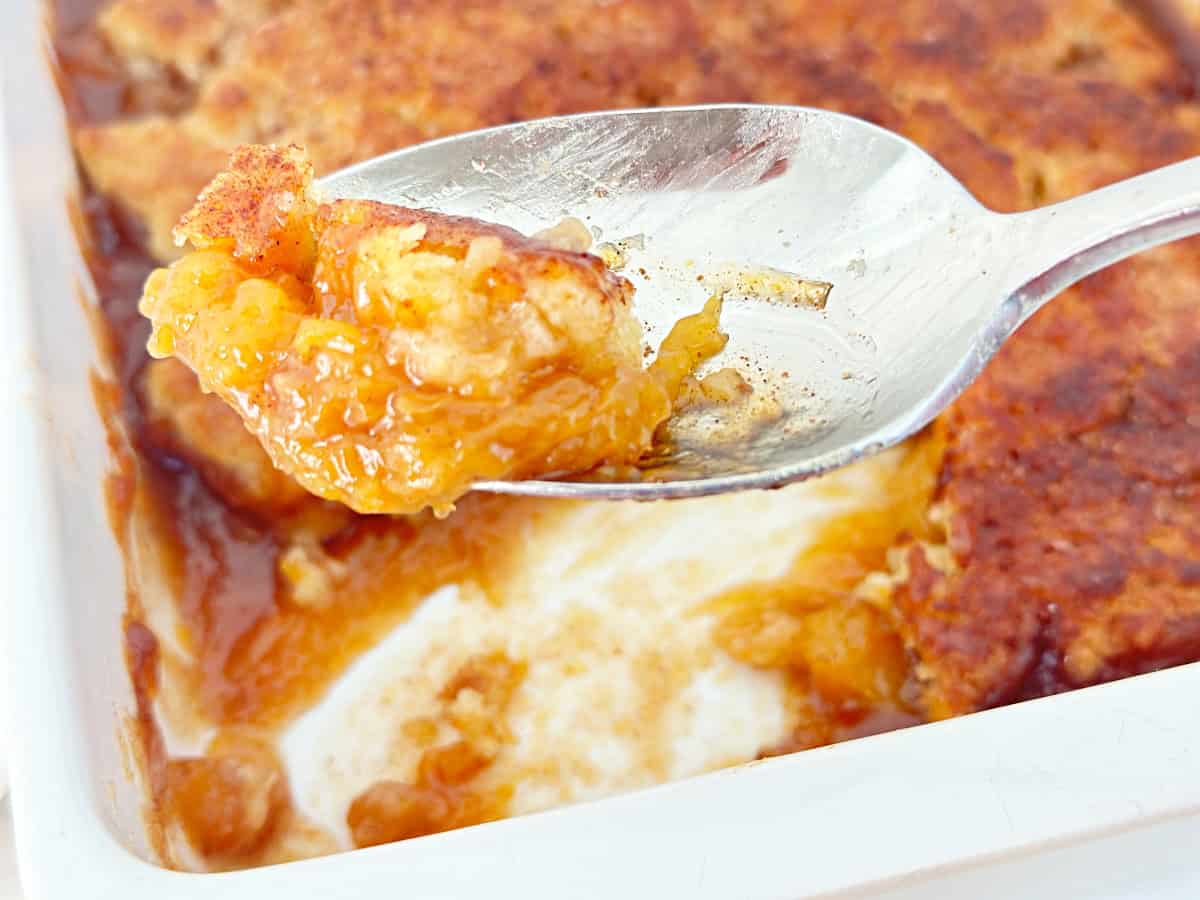Spoonful of peach pudding on silver spoon. Zoomed in to show layers of cooked peaches and drop biscuit topping.