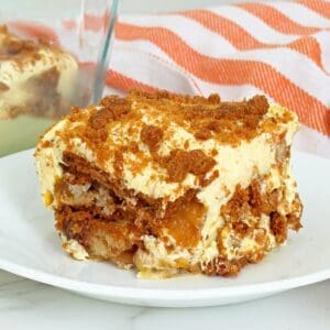 Serving of peach cobbler pudding on white plate.