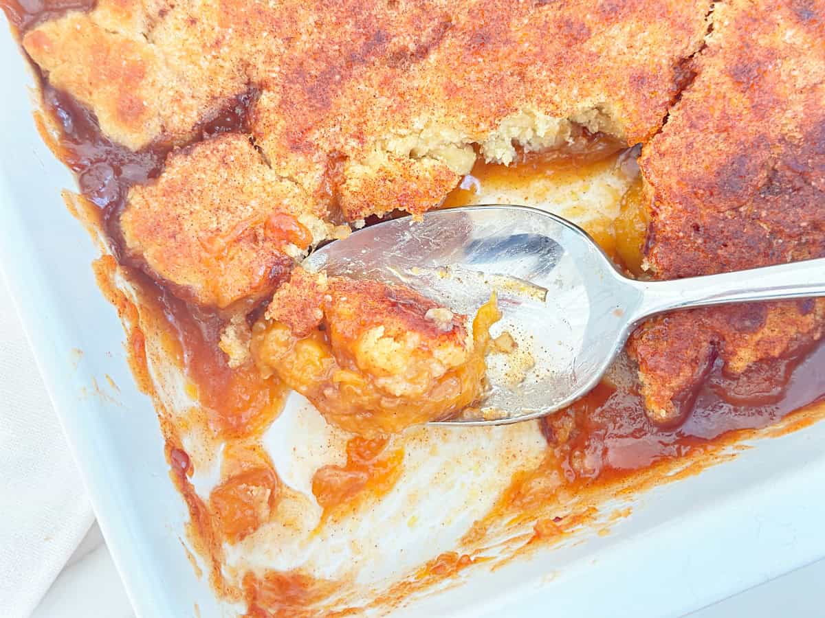 Peach cobbler on silver spoon. Zoomed in to show layers of cooked peaches and drop biscuit topping.