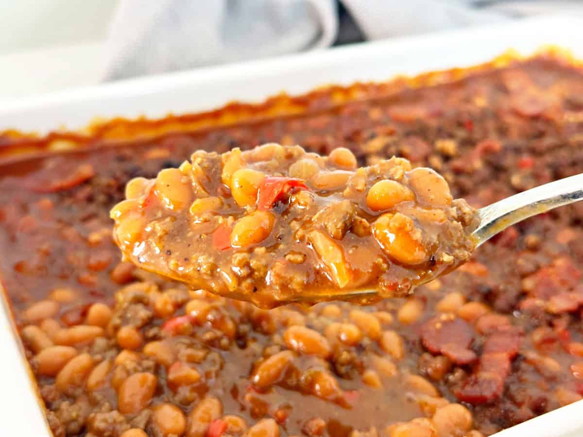 Spoonful of cowboy baked beans.