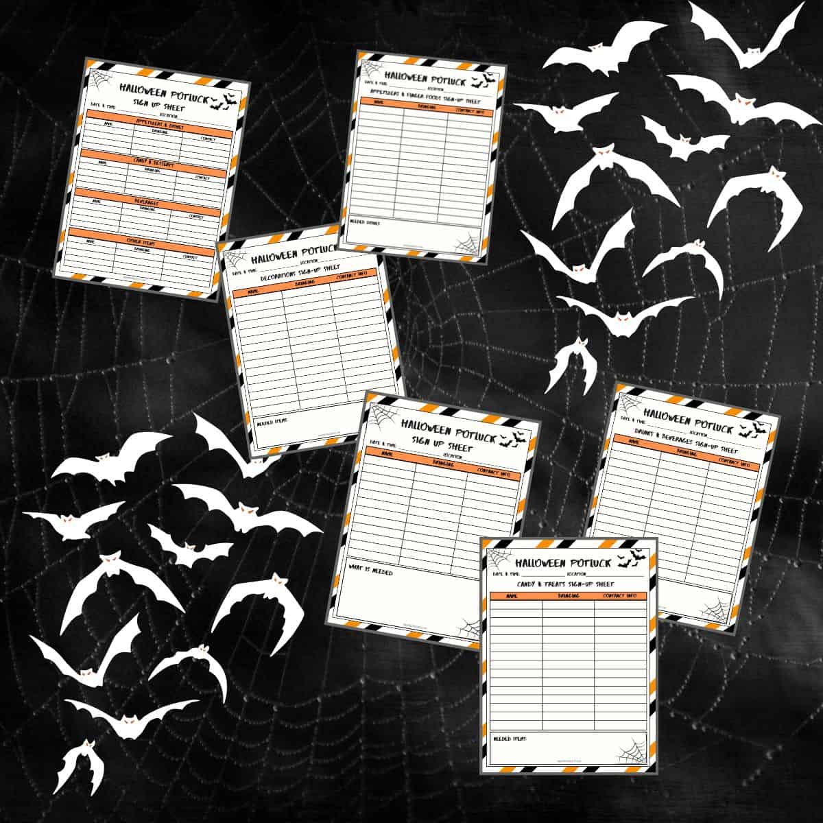 Black, orange, and white miniature photos of six printables on a black cob webs background with white bats.