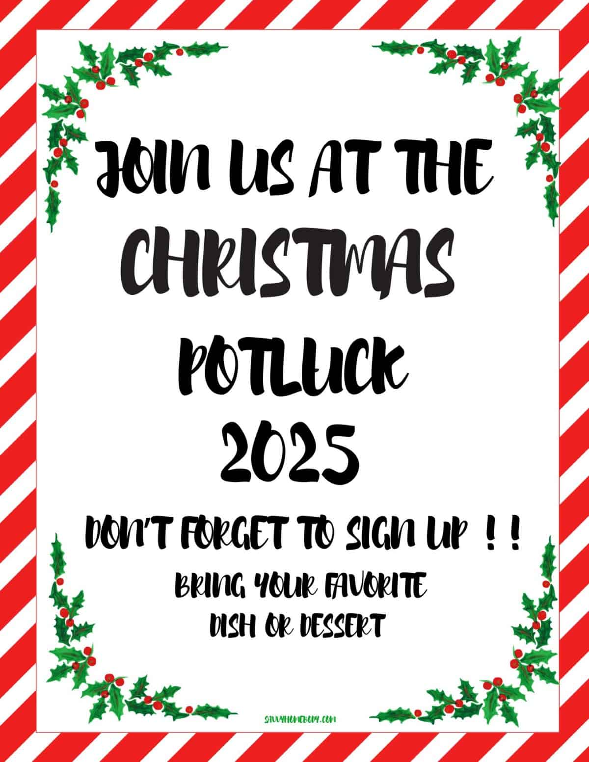 Red, green and white free Christmas potluck announcement sheet 2025 printable with holly and Christmas tree icons.
