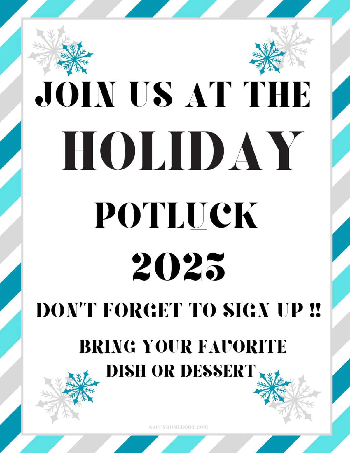 Blue, grey and white holiday potluck 2025 announcement flyer printable pdf with snowflake icons.