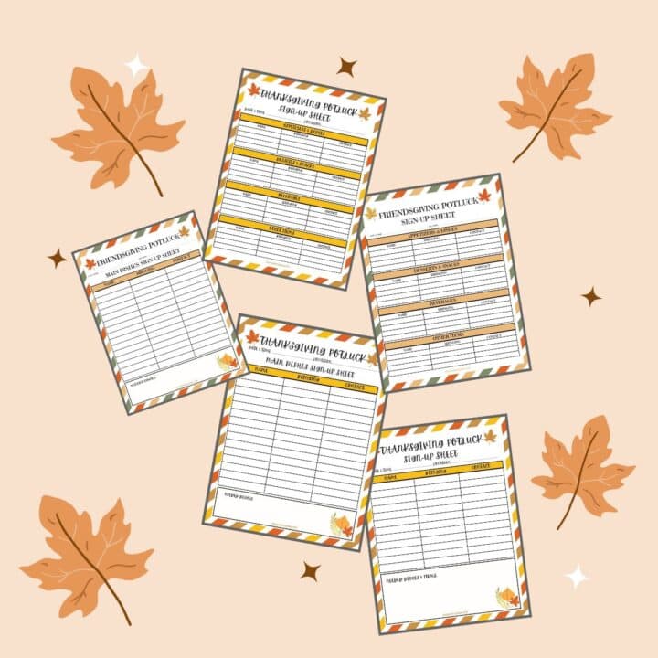 Brown, orange, and white miniature photos of six printables on a peach colored background with orange leaves.